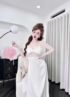 Váy ngủ lụa dài viền ren ba nơ