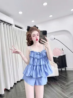 Alternative view of Bộ ngủ lụa quần đùi hai tầng nơ to
