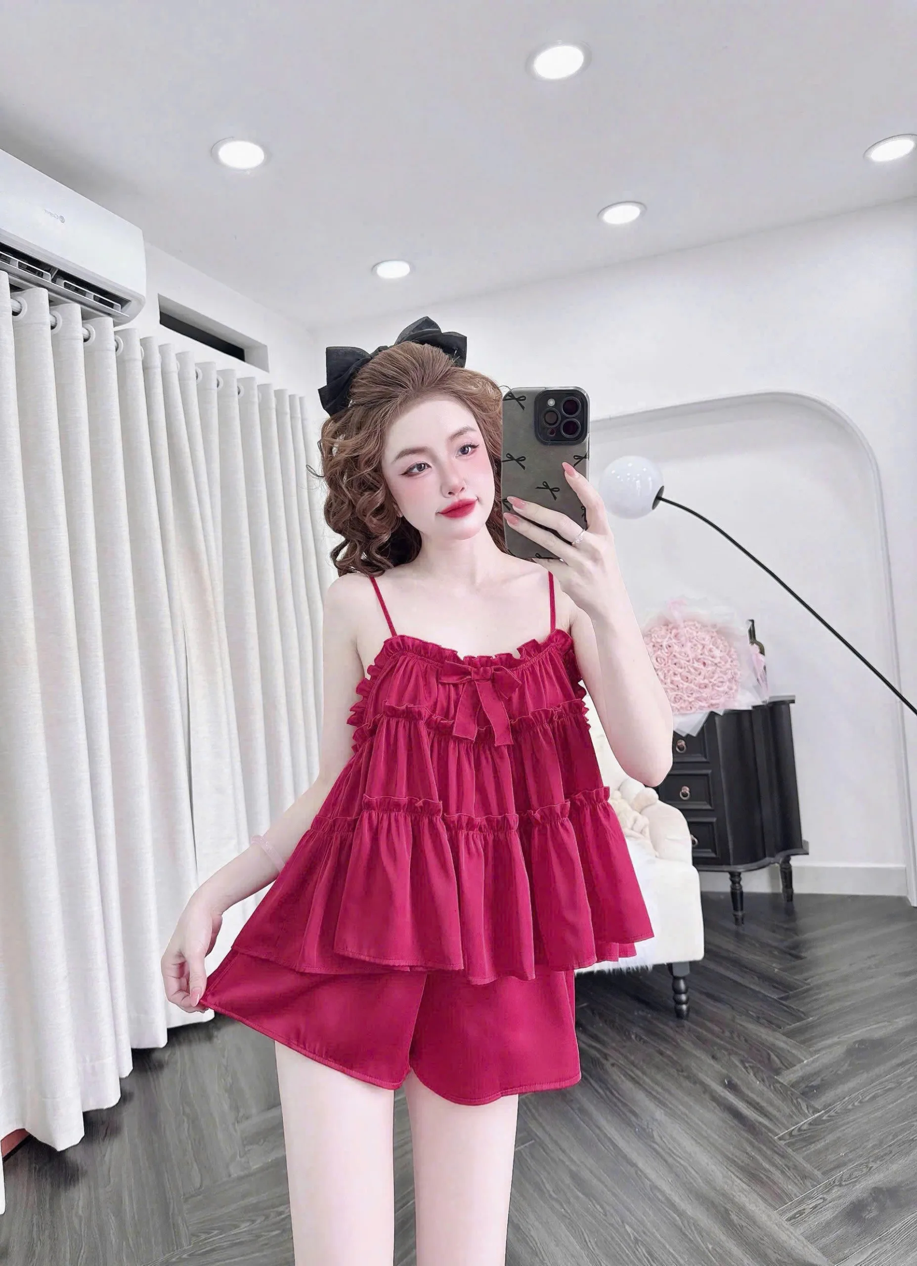 Bộ ngủ lụa quần đùi hai tầng nơ to - Ảnh 10