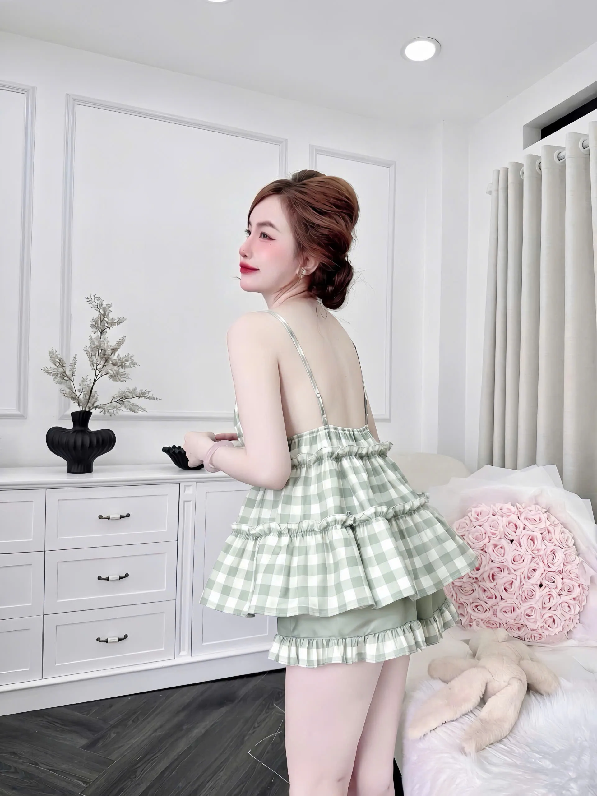 Bộ ngủ lụa quần đùi hai tầng bèo in họa tiết - Ảnh 7