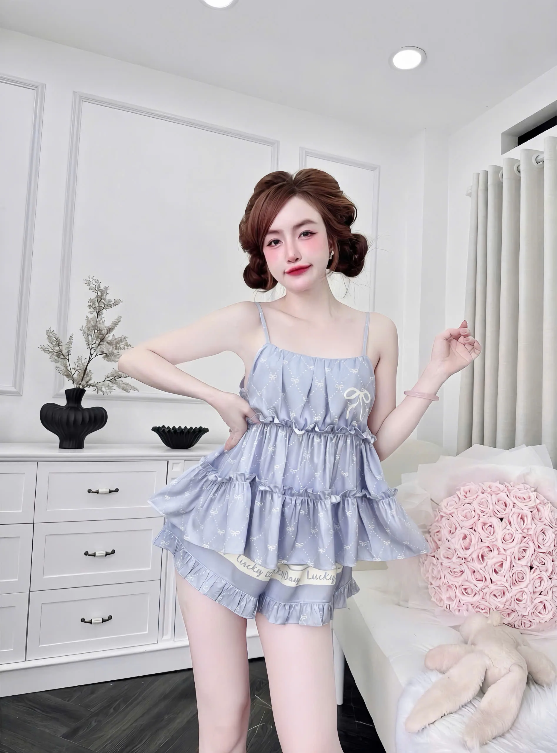 Bộ ngủ lụa quần đùi hai tầng bèo in họa tiết - Ảnh 10