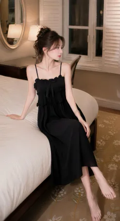 Váy ngủ lụa dài hai tầng nơ to