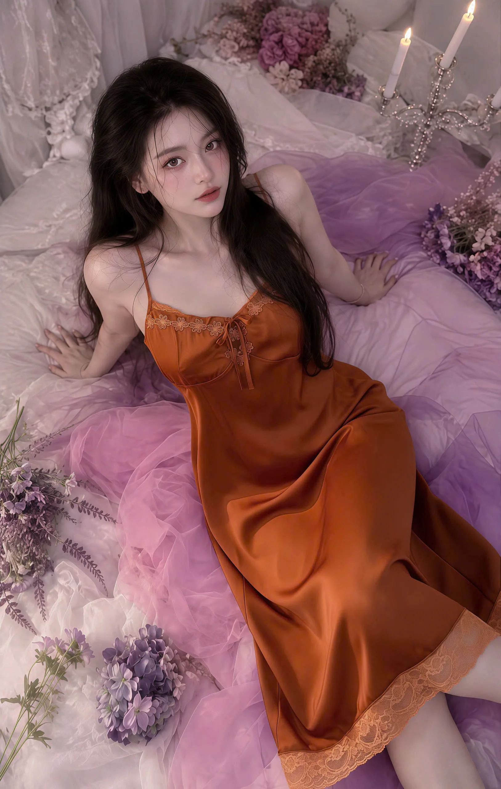 Váy ngủ lụa dài nơ giọt nước viền ren