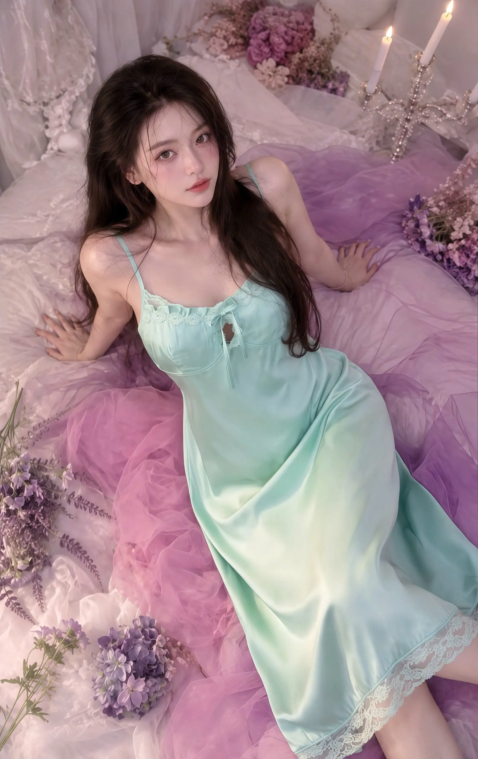Váy ngủ lụa dài nơ giọt nước viền ren - Ảnh 5