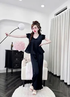 Bộ ngủ lụa dài cánh tiên cột nơ
