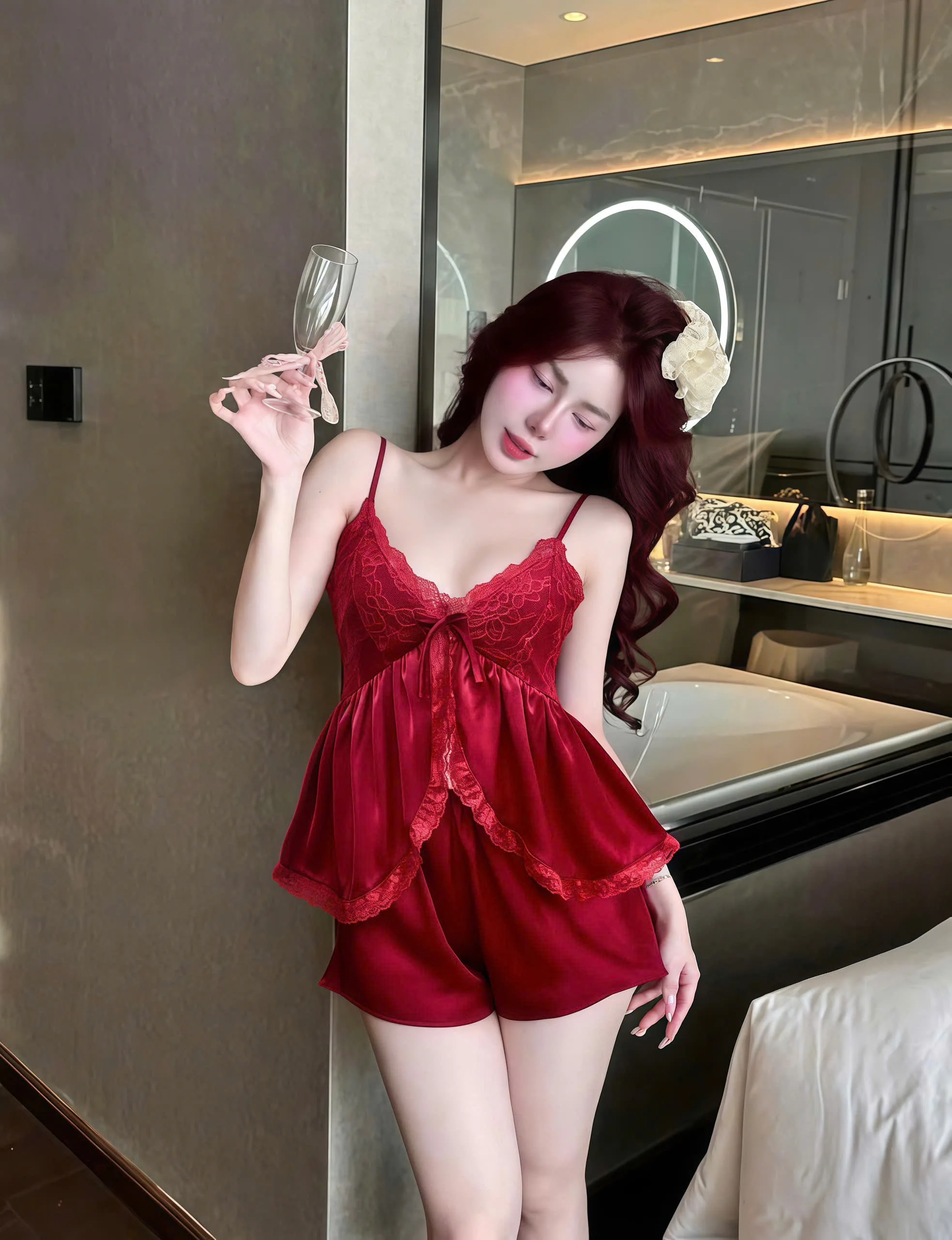 Bộ Ngủ Đùi Sexy Night Trơn Xẻ Áo Ren Lai Hai Dây Gợi Cảm - Ảnh 12