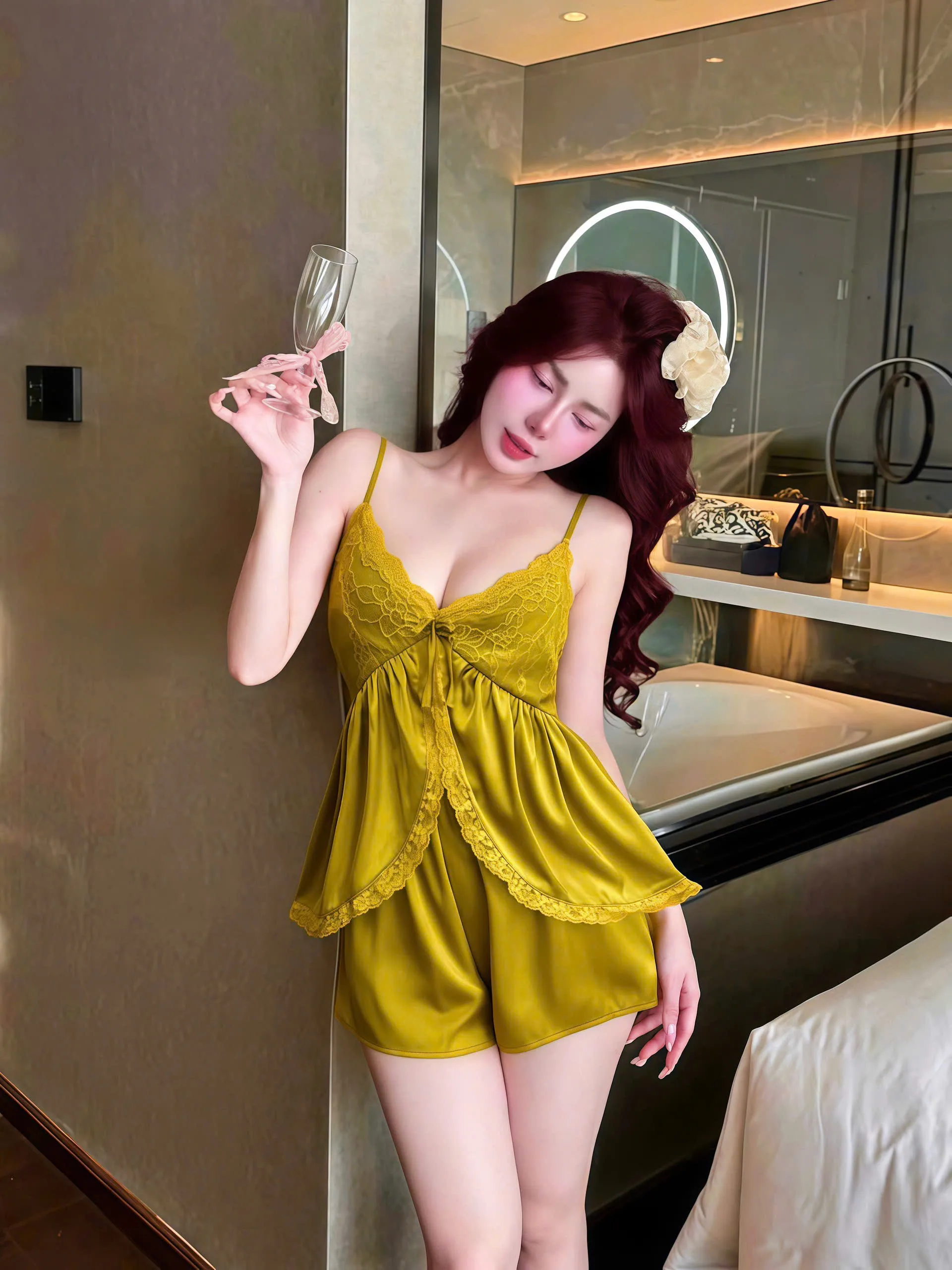 Bộ Ngủ Đùi Sexy Night Trơn Xẻ Áo Ren Lai Hai Dây Gợi Cảm - Ảnh 5