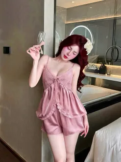 Bộ Ngủ Đùi Sexy Night Trơn Xẻ Áo Ren Lai Hai Dây Gợi Cảm