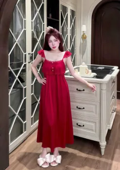 Váy Ngủ Sexy Night Dài 2 Tầng Nút Ngọc Lụa Phối Ren Gợi Cảm