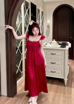 Alternative view of Váy Ngủ Sexy Night Dài 2 Tầng Nút Ngọc Lụa Phối Ren Gợi Cảm