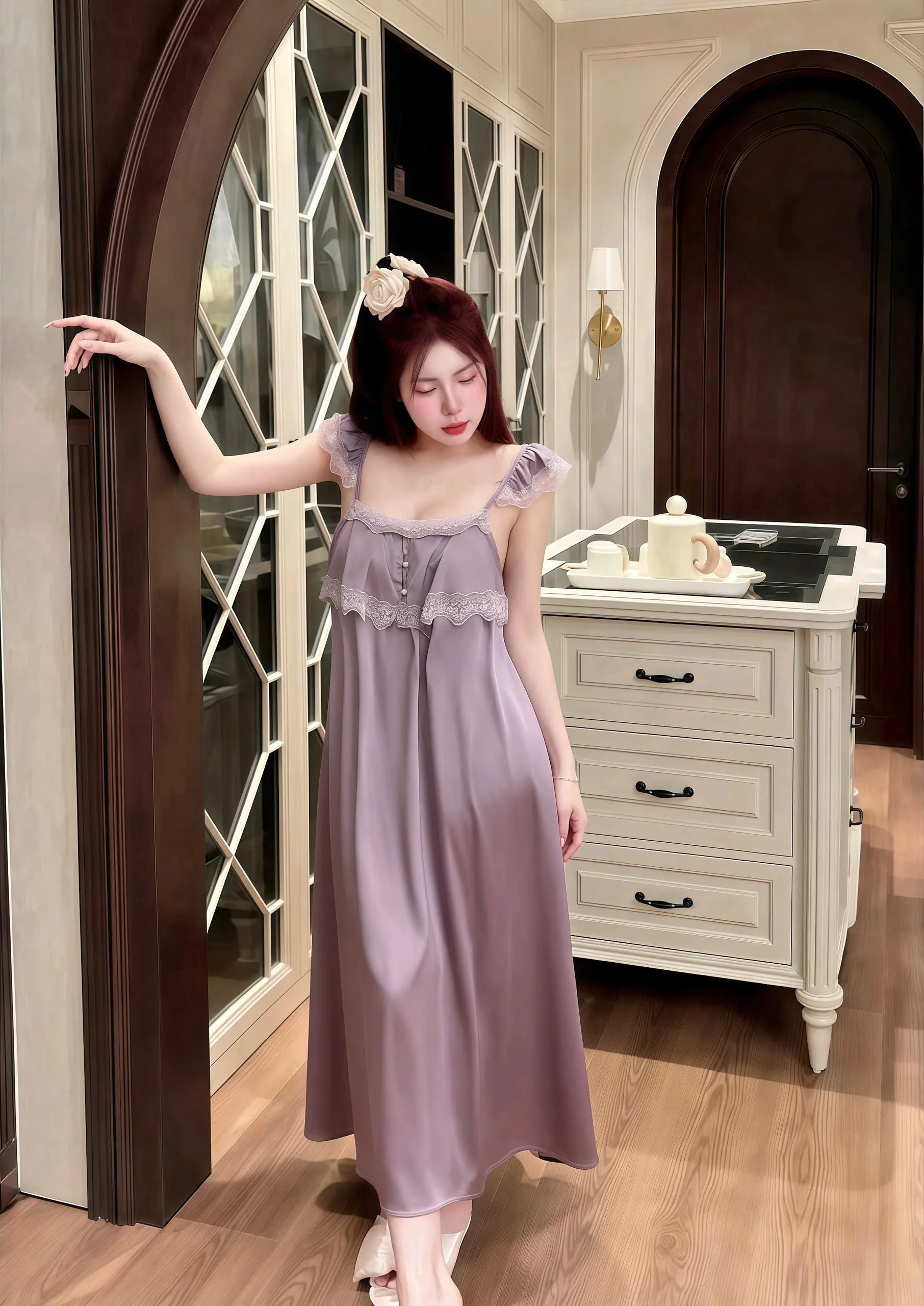 Váy Ngủ Sexy Night Dài 2 Tầng Nút Ngọc Lụa Phối Ren Gợi Cảm - Ảnh 3