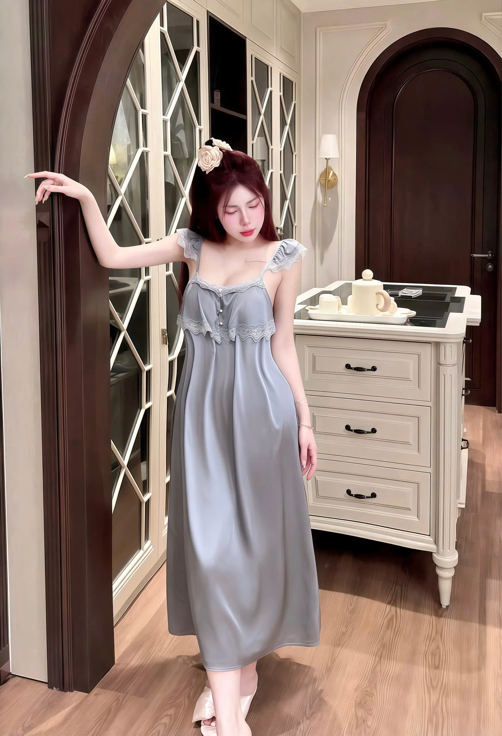 Váy Ngủ Sexy Night Dài 2 Tầng Nút Ngọc Lụa Phối Ren Gợi Cảm - Ảnh 4