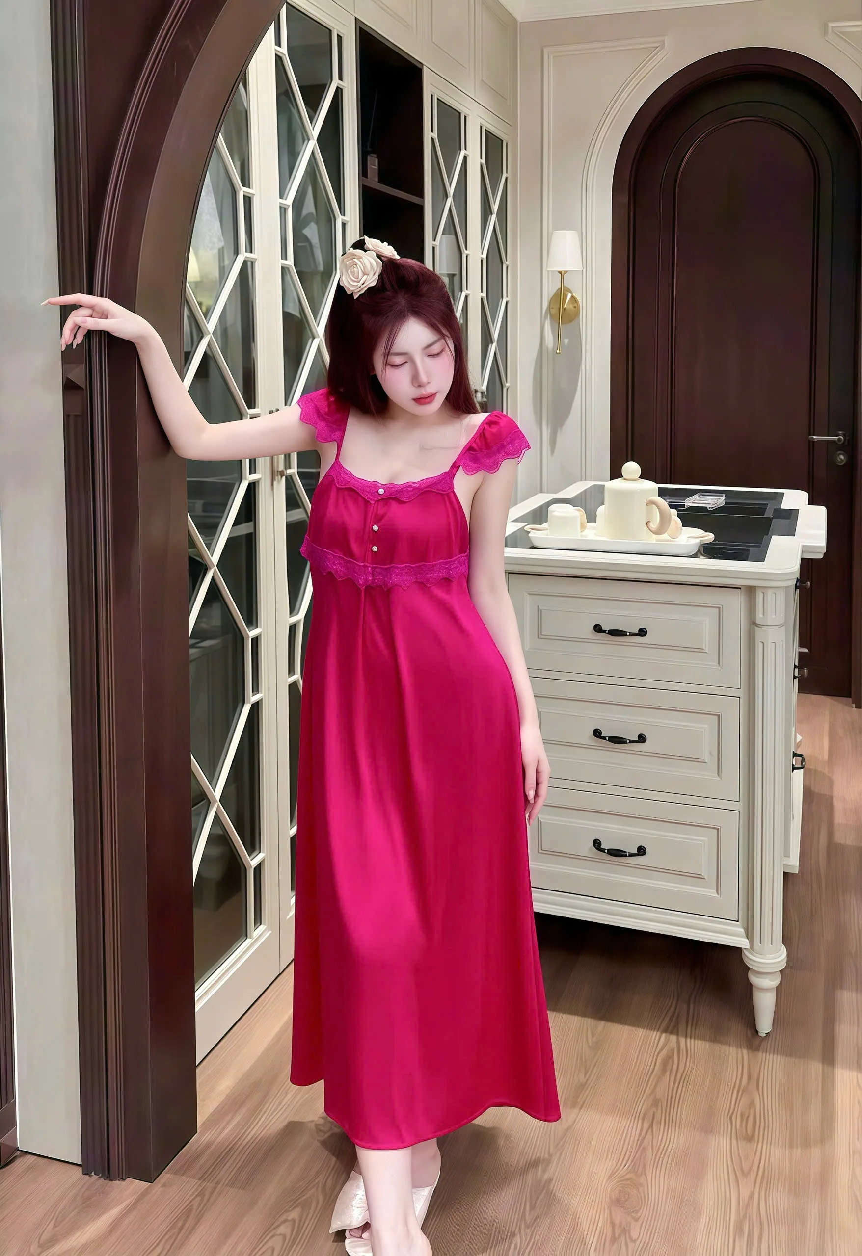 Váy Ngủ Sexy Night Dài 2 Tầng Nút Ngọc Lụa Phối Ren Gợi Cảm - Ảnh 5