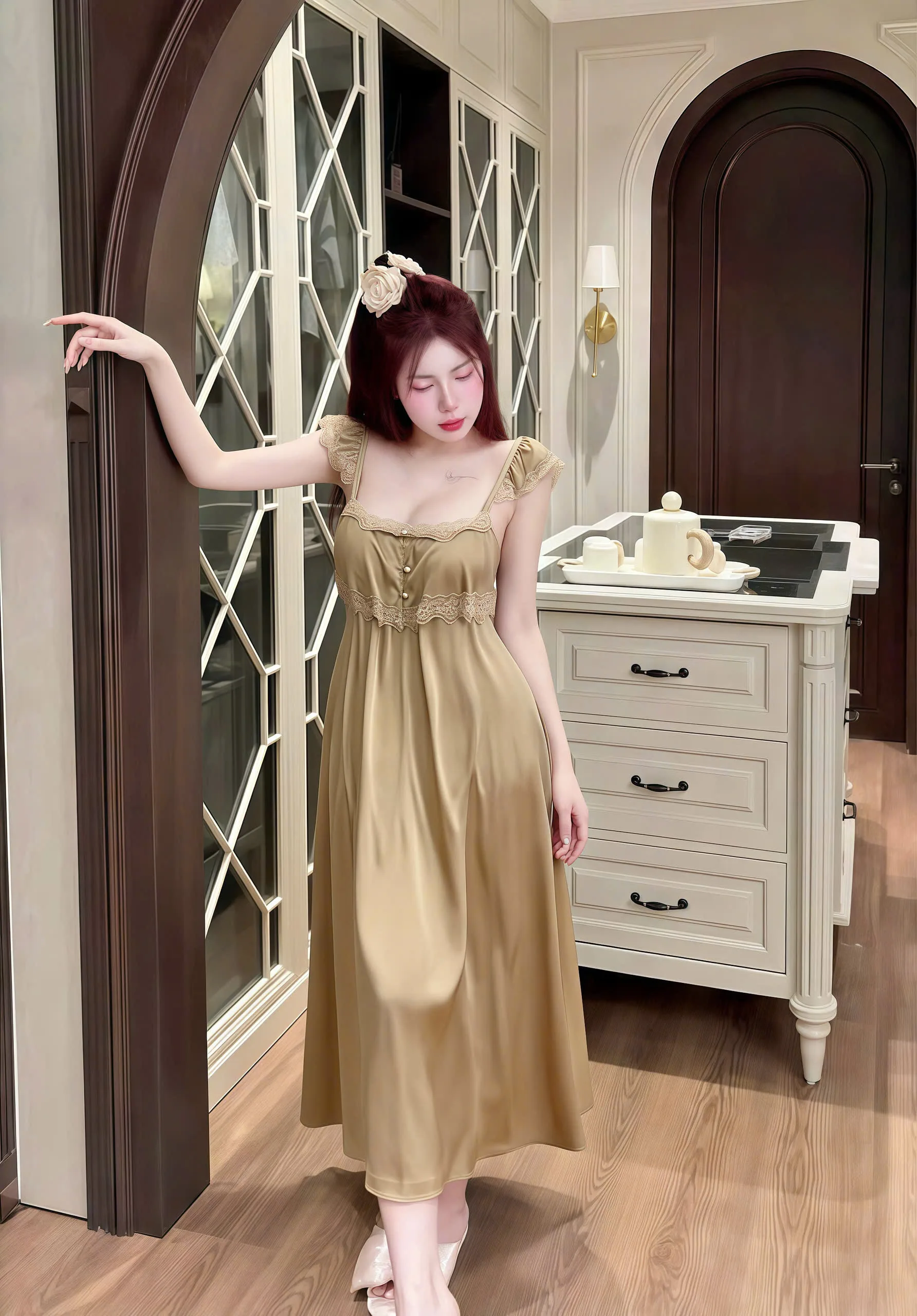 Váy Ngủ Sexy Night Dài 2 Tầng Nút Ngọc Lụa Phối Ren Gợi Cảm - Ảnh 6