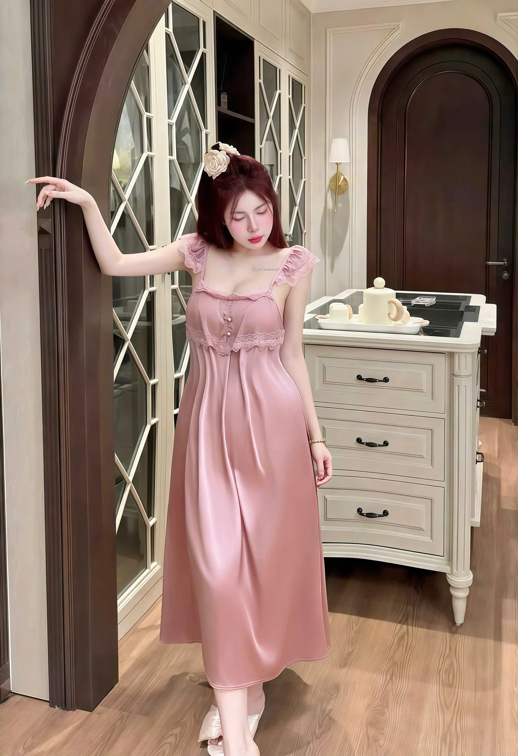 Váy Ngủ Sexy Night Dài 2 Tầng Nút Ngọc Lụa Phối Ren Gợi Cảm - Ảnh 7
