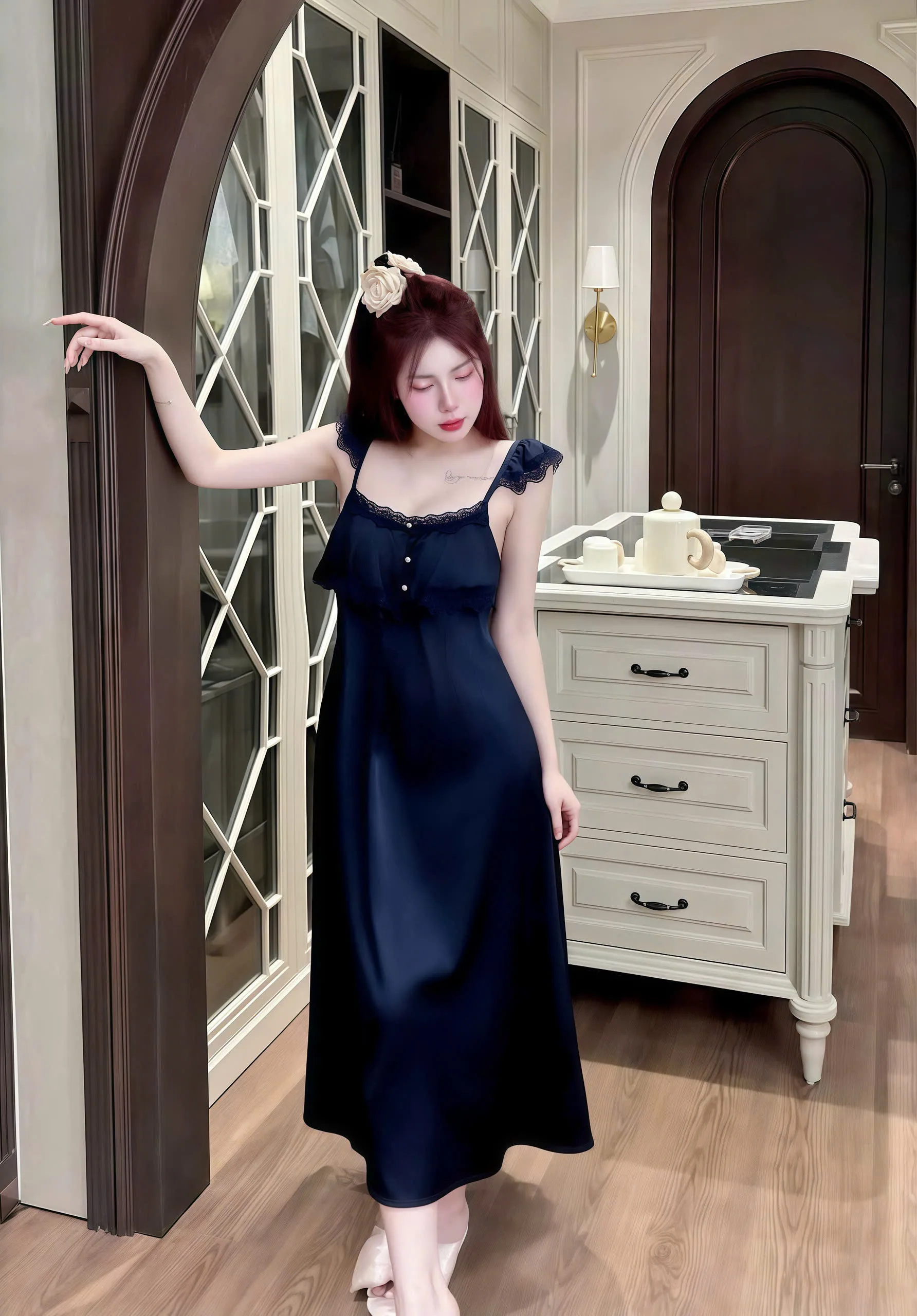 Váy Ngủ Sexy Night Dài 2 Tầng Nút Ngọc Lụa Phối Ren Gợi Cảm - Ảnh 8