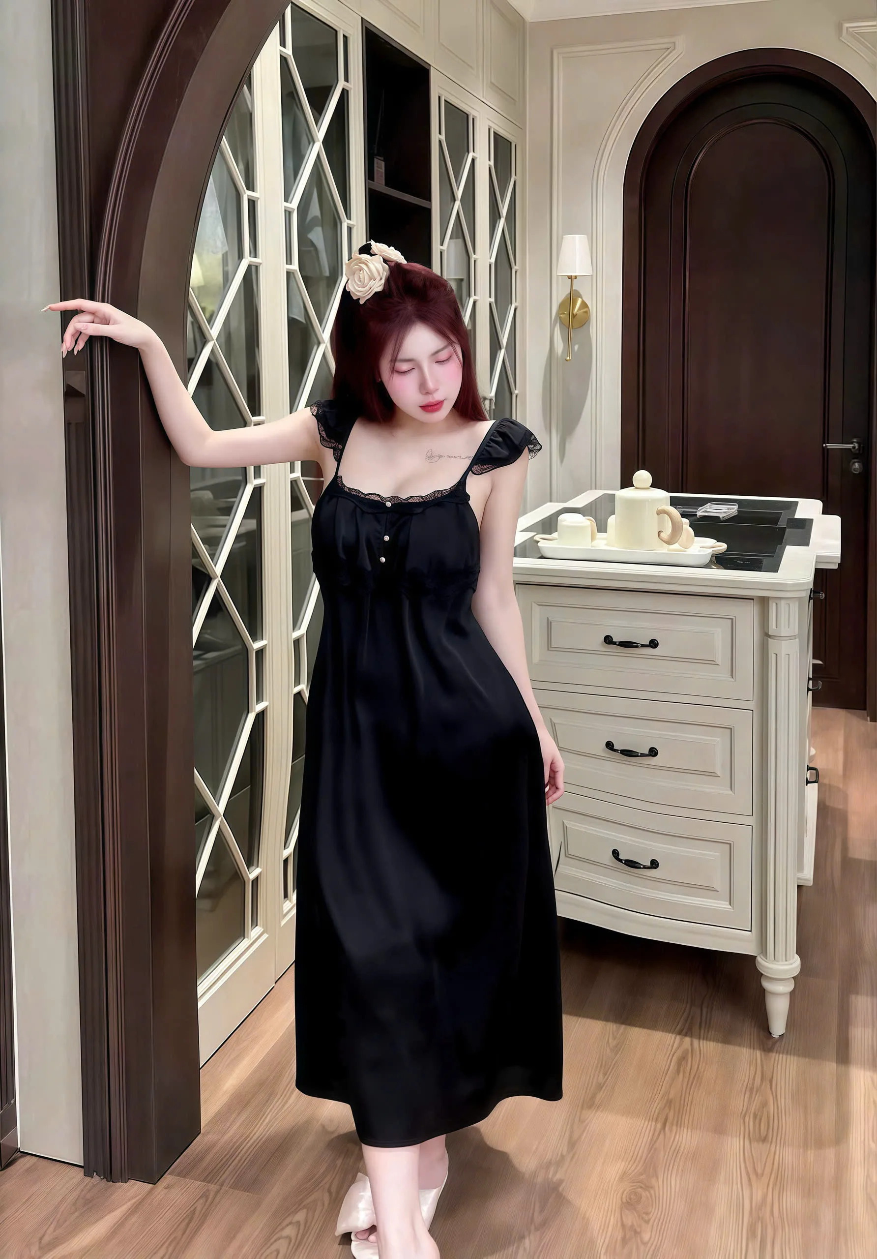 Váy Ngủ Sexy Night Dài 2 Tầng Nút Ngọc Lụa Phối Ren Gợi Cảm - Ảnh 9