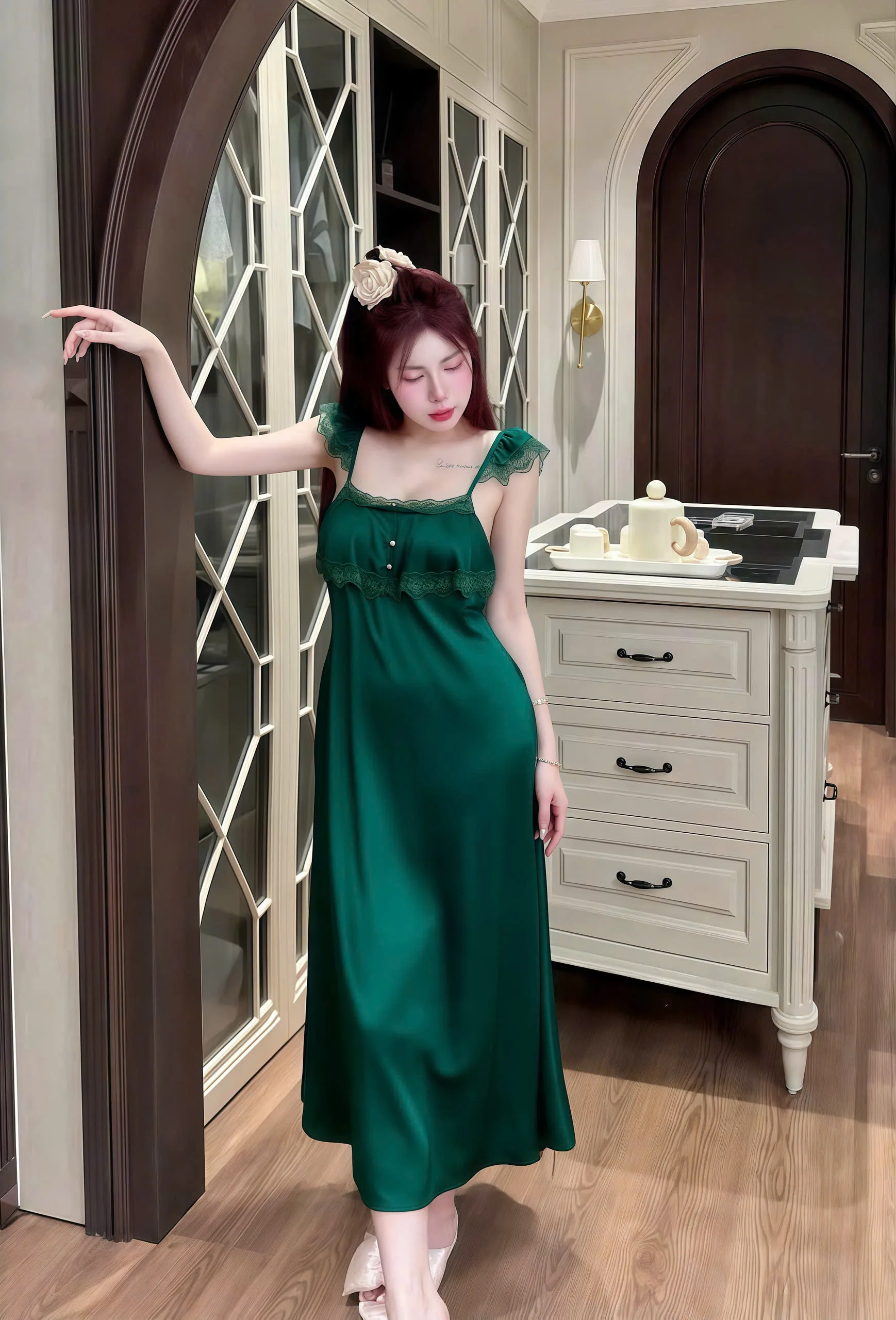 Váy Ngủ Sexy Night Dài 2 Tầng Nút Ngọc Lụa Phối Ren Gợi Cảm - Ảnh 10