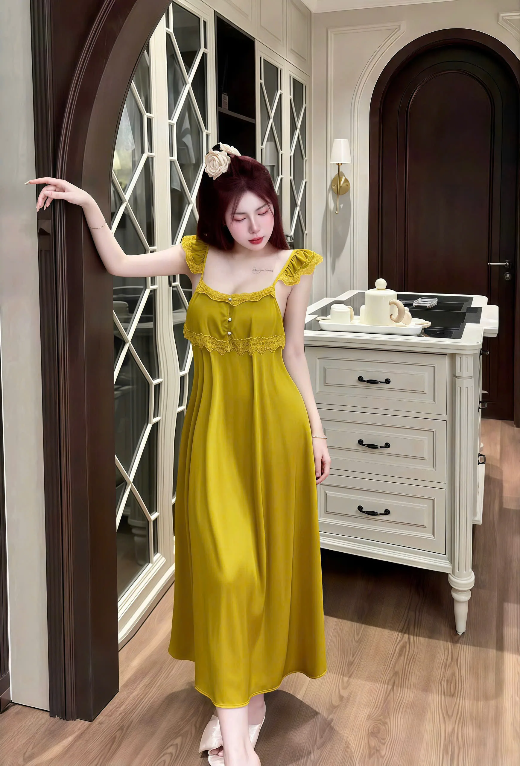 Váy Ngủ Sexy Night Dài 2 Tầng Nút Ngọc Lụa Phối Ren Gợi Cảm - Ảnh 11