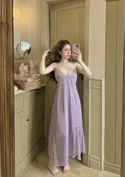 Alternative view of Váy Ngủ Sexy Night Dài Lụa Ren Xẻ Tam Giác Đính Nơ Gợi Cảm