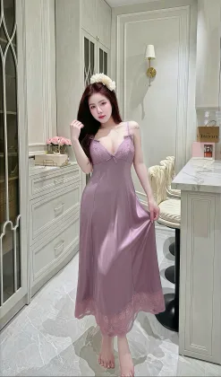 Alternative view of Váy Ngủ Dài Sexy Night Lai Cong Ren Bèo Cột Dây Sau Gợi Cảm